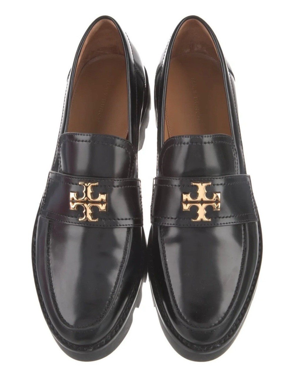 Tory Burch Black Leather Penny Loafers with Gold Logo